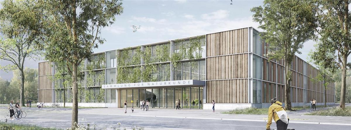 Visualisierung des neuen Standorts in Adlershof: Der Gebäudeentwurf ist vom Wechsel von Begrünung und Holzfassade geprägt. Der rechteckige Grundriss gliedert sich über drei Geschosse.